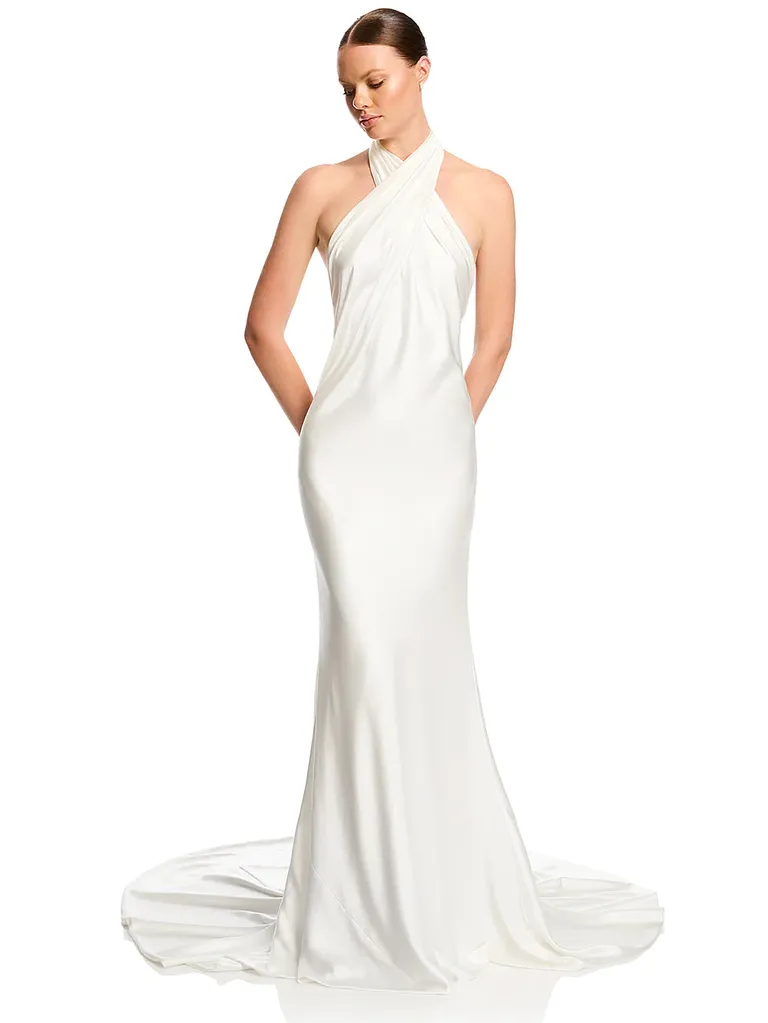 Relaxed fit silk halter dress for older bride