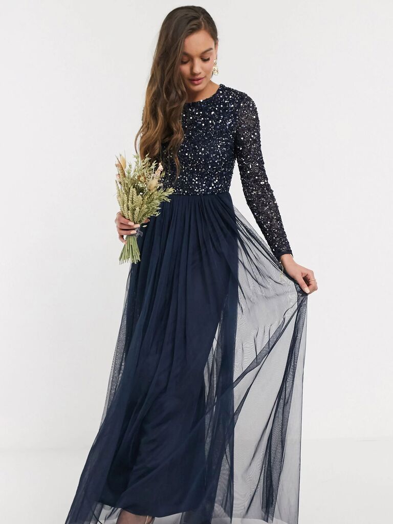 ASOS petite fall bridesmaid dress with elegant long sleeves and sequined bodice