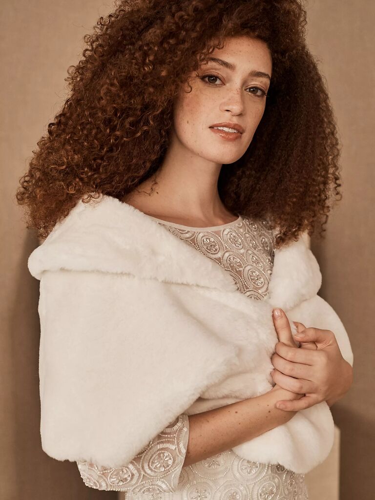 BHLDN fluffy faux fur wedding wrap in ivory