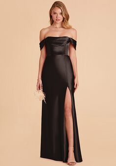Birdy Grey Mia Shiny Satin Dress in Black Off the Shoulder Bridesmaid Dress