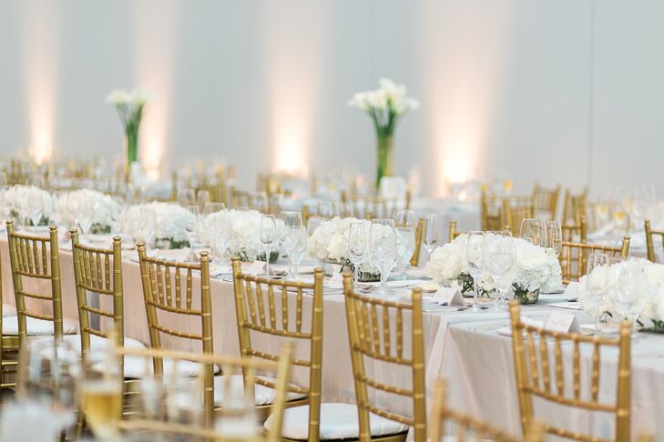 White Hydrangea Centerpieces and Gold Chiavari Chairs
