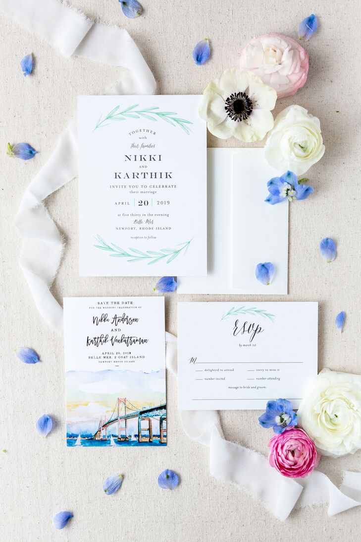 Watercolor Invitations for Military Wedding at Belle Mer in Newport, Rhode Island