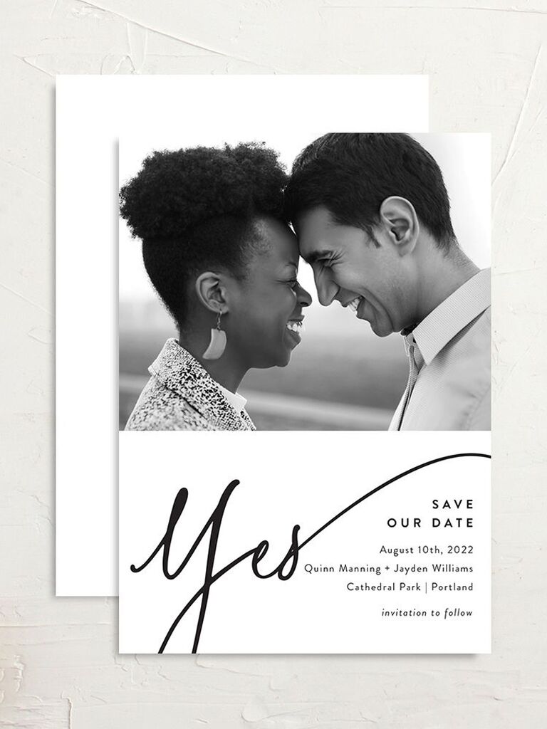 the knot black and white simply us simple save the date card with photo and script