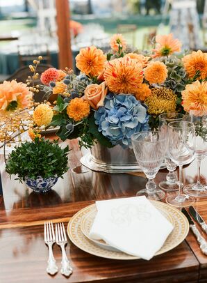 Orange and Blue Flower Arrangement with Mums and Hydrangeas
