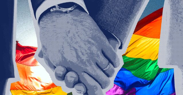 same sex marriage and marriage equality at stake with image of couple holding hands against pride flag and respect for marriage act