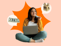 Woman with laptop thinking about wedding gifts