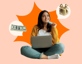 Woman with laptop thinking about wedding gifts