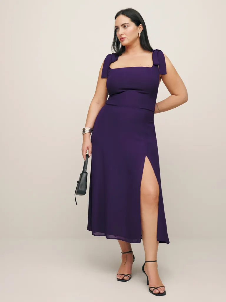 Dark purple square neck midi dress with side slit and bow details