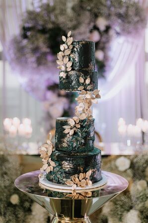 Unique Green and Gold, Four-Tier Wedding Cake, Hand-Painted Details, Gold Leaf Accents