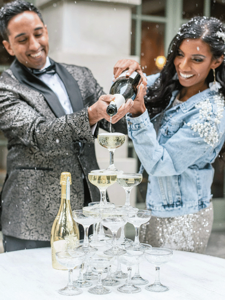 Champagne tower at a winter elopement. 