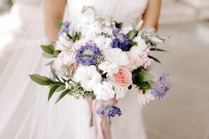 Bouquet with Pink Roses, White Carnations and Scabiosa
