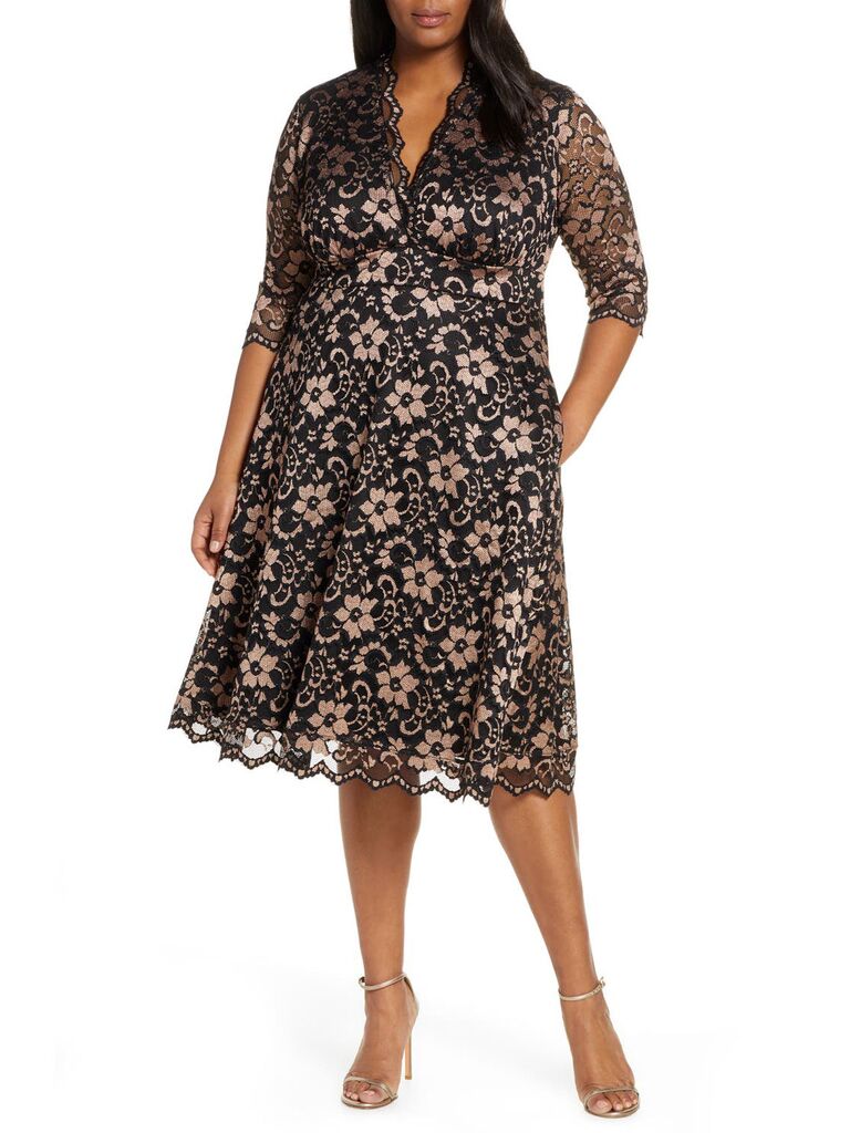 Kiyonna floral lace cocktail dress for winter wedding guest