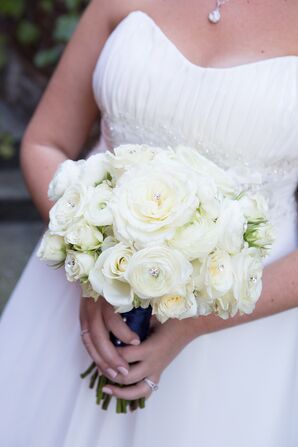 Classic White Garden Rose Bouquet with Crystal Accents