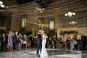 Elegant First Dance Beneath String Lights at the Harold Washington Library in Chicago, Illinois