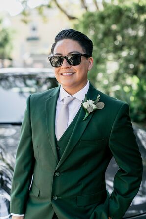 Bride in Dark Green Suit Wearing Sunglasses for Wedding at Lindley-Scott House in Azusa, California