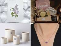 Four 8th anniversary gifts: lilac watercolor print, pottery-making kit, gemstone pendant, ceramic crocks