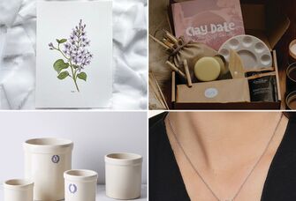 Four 8th anniversary gifts: lilac watercolor print, pottery-making kit, gemstone pendant, ceramic crocks