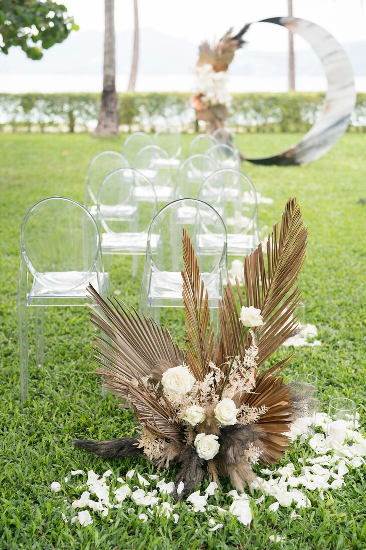 Aisle Floral Decoration With Tropical Leaves and Roses