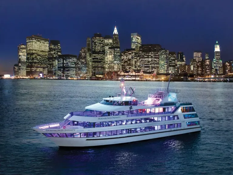 Aerial view of yacht at night in New York