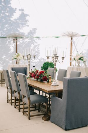 Gray Studded Highback Chairs at Wood Farm Tables