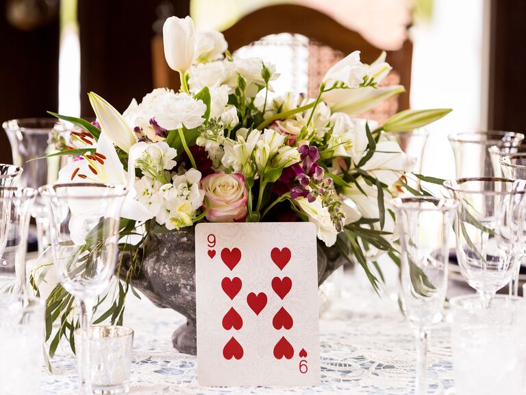 unique wedding table number idea using 9 of hearts playing card