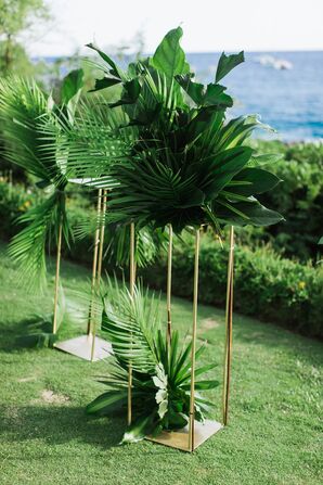Tropical Hawaiian Greenery in Tall Gold Vases