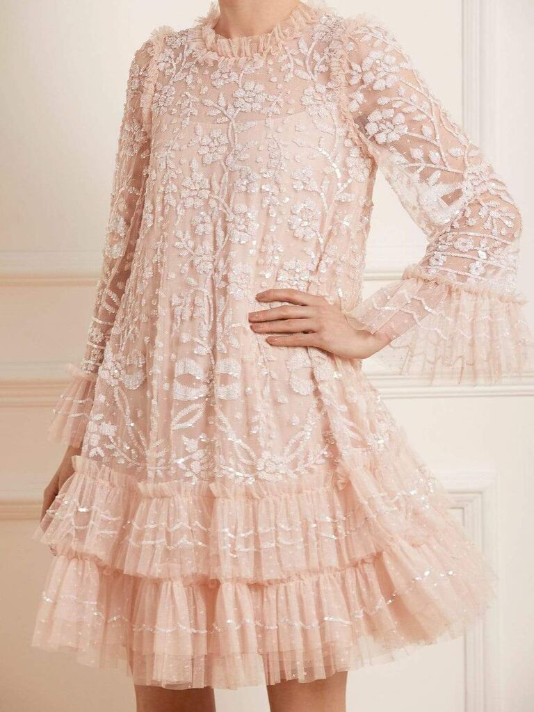 Blush floral embellished dress with layered tulle skirt and long sleeves