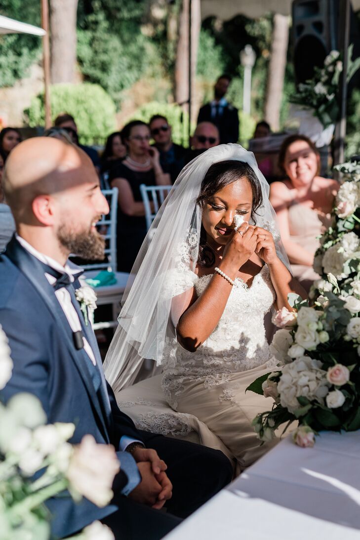 Bride Wiping Tears From Here Eyes During Ceremony at Villa Del Cardinale in Italy