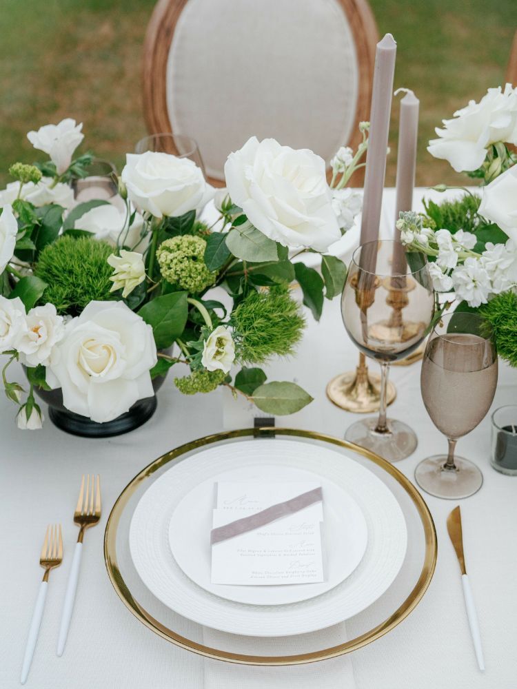 simple white-and-gray wedding place setting