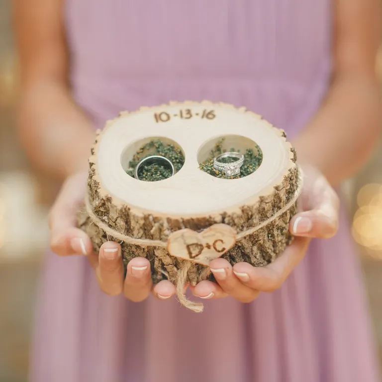 Wood slice ring bearer pillow with carved initials and wedding date detail