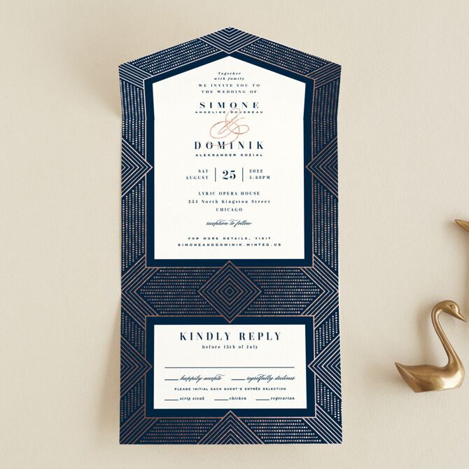 navy blue linear art deco wedding invitation