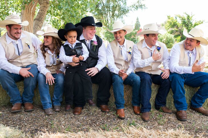 Lacey’s side of the wedding party wore jeans, white button up shirts, taupe vests, cowboy hats and cowboy boots for a casual, country feel.
