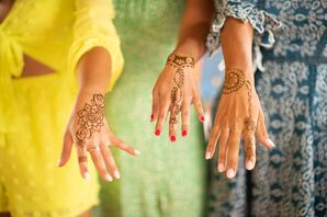 Bridal Party Women Show Off Their Mehndi Henna Tattoos, Indian