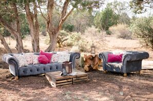 Gray Velvet Sofas and Rustic Wooden Cocktail Tables