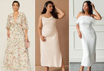 collage of three engagement party outfits for the bride