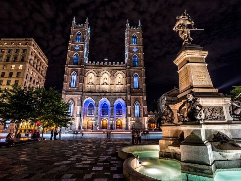 Place d'Armes in Montréal, Québec at night.
