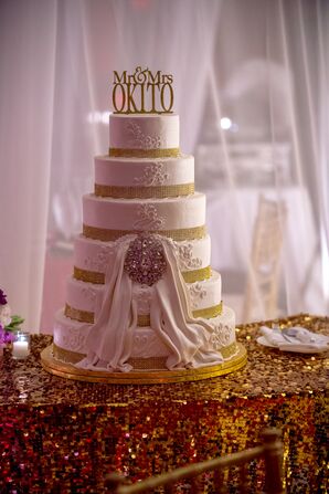 Grand Gold and White Cake with Brooch and Fondant