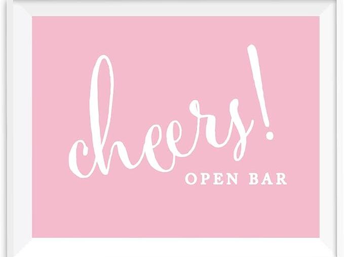 Pink and white open bar sign for wedding bar