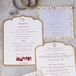 The invitations were custom ordered through Indian Wedding Cards. The shape of the card was similar to the arches in the front of the Sri Venkateswara Balaji Hindu Temple in Edina, Minnesota, where the ceremony was held. The stationery was gold screen press paper with red text to match the traditional red and gold color scheme.
