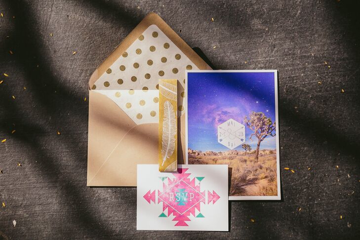 The custom-made invitations incorporated the geometric patterns of the wedding day style and a picture of Joshua Tree National Park, where Mai and Brian got engaged.