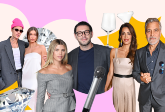 Collage of three celebrity couples with rings and wedding gift examples