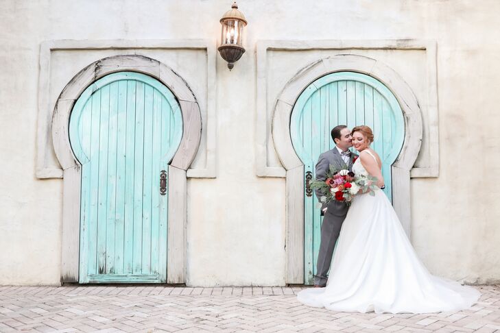 Elegant Couple in Front of Blue Doors at Lowry Park Zoo