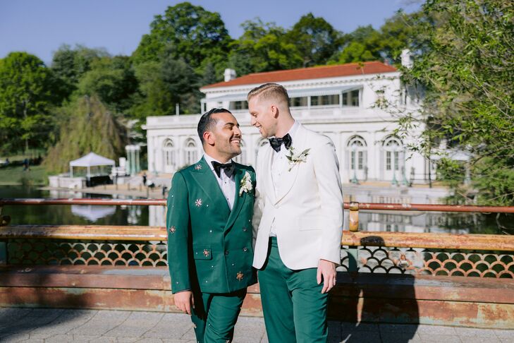 Two Grooms, One in Emerald, Bejeweled Tuxedo and One in White Tux Jacket and Emerald Pants, Boathouse