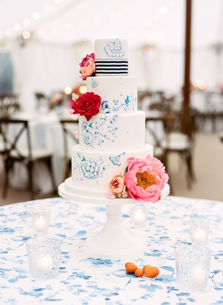 Preppy Hand-Painted Fondant Wedding Cake with Flowers