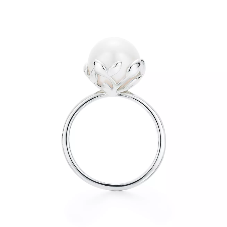 Olive leaf design pearl engagement ring from Tiffany & Co.