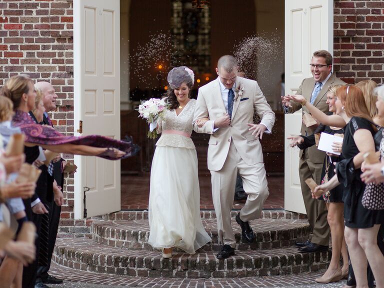 Bride and groom showered with dried lavender. 