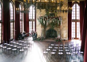 Estate Ceremony Space, Royal Chandeliers, Floral Mantle, Fireplace, Burgundy Draping, String Quartet