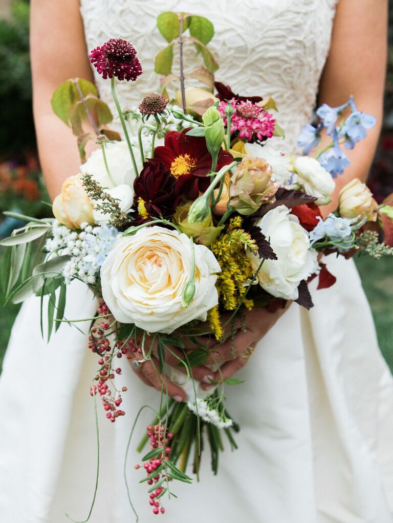 unique fall wedding bouquet with burgundy, blue and white color palette