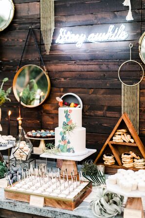 Tiered Cake with Painted Detail and Desert Table Decorated with Air Plants