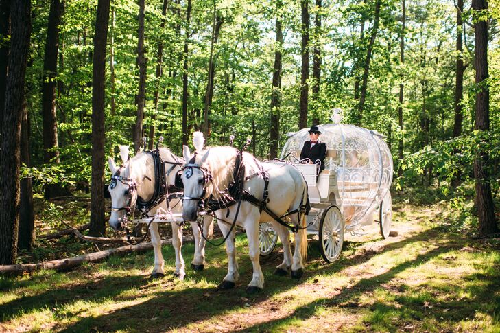 “My grandmother passed away shortly before we were married. One thing she said to my mother before passing was that I should have a horse and carriage like in 'Cinderella,' ” Kim says. “That was kept a secret until 20 minutes before the ceremony. I was blindfolded and brought back to a clearing in the woods with my mother, father and two sisters,” There they surprised her with her very own "Cinderella"-inspired horse-drawn carriage for the ceremony entrance. “It was truly a dream come true: Disney magic,” Kim adds.
